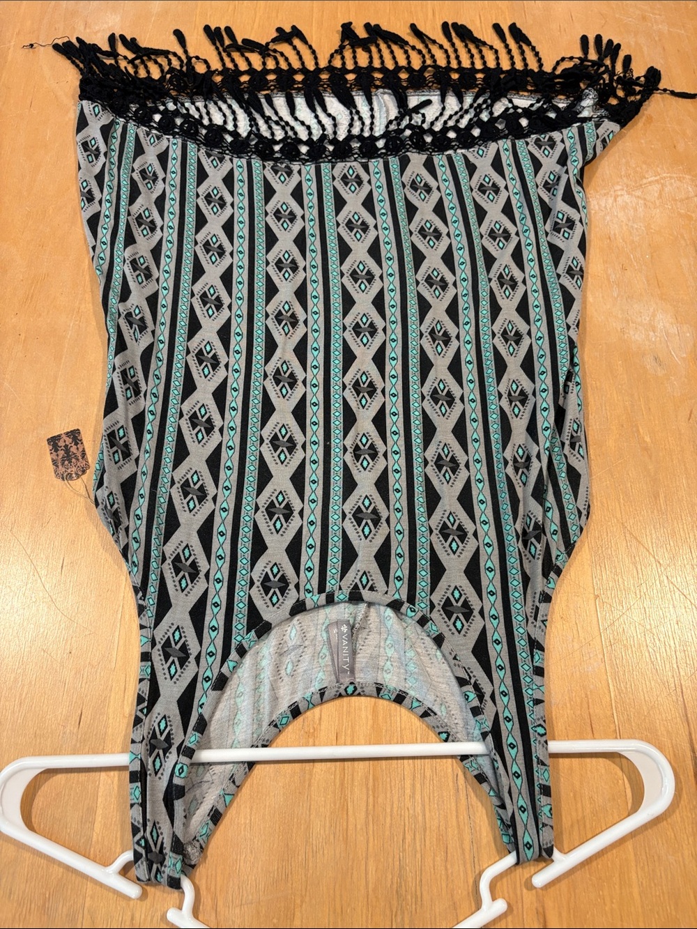 Vanity Black Gray and Teal Patterned Fringe Tank Top